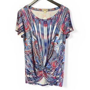 One World Rhinestone Embellished Short Sleeve Knotted Top Womens Size M Boho